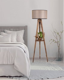 Opviq Lámpara de Pie de Madera con Estante y Tapa de Tela Marrón